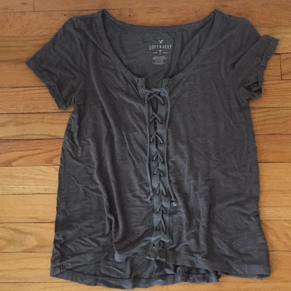 American Eagle distressed lace up tee
